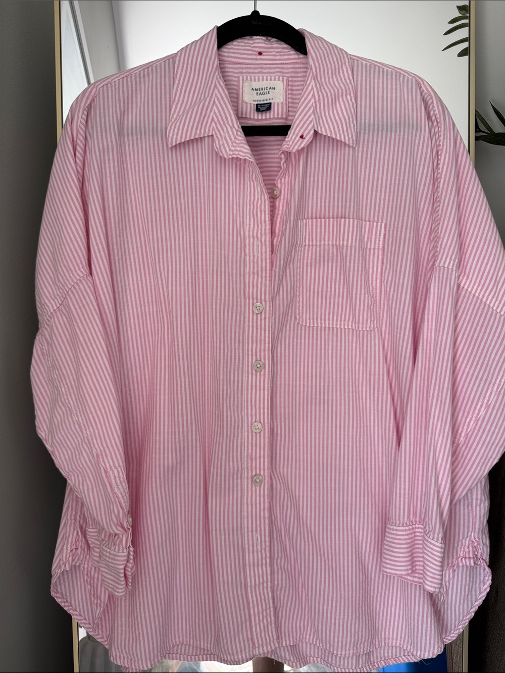 American Eagle Oversized Pink and White Striped Button-Down Shirt